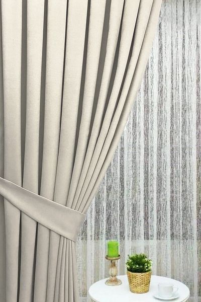 İ.D İpek Dokuma Beige Pleated Velvety Background Curtain High Quality Single Wing