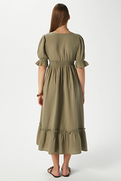 Ritnice Women's Hailey Cotton Muslin Khaki Waist Elastic Dress