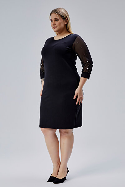 Curvy Trend Plus Size Pearl Detail Tulle Sleeve Stretchy Crepe Dress