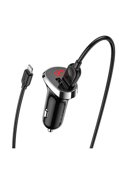 Borofone Încărcător auto dual USB LED cu cablu Lightning pentru iPhone / Android / Huawei 2.4 A - Negru