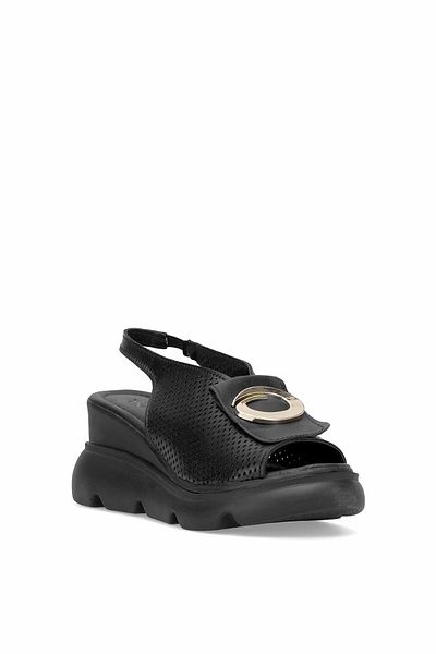 Ayakkabı Fuarı Elit Zeyn 8067 Women's Genuine Leather Wedge Heel Sandals Black