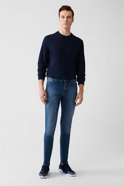 Avva Pantaloni de jeans flexibili, albaștri, spălați, pentru bărbați B 003506
