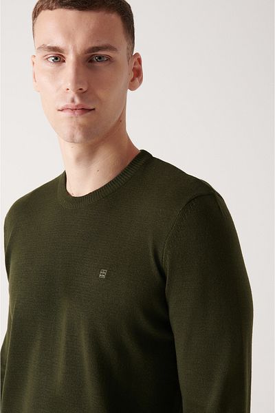 Avva Men's Dark Khaki Crew Neck Non-Pilling Knitwear Sweater E 005000
