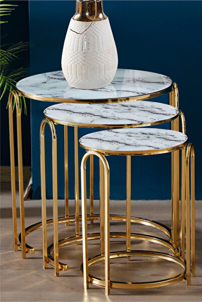 SEDAŞ LIVING UNITS Lenka Zigon Sehpa Takımı Yuvarlak 3'lü Gold Metal - Beyaz ...