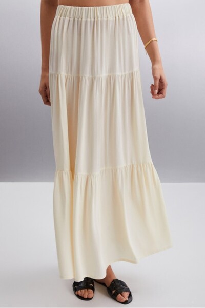 Kahra Collection Krem Şifon 95cm Maxi Boy Katlı Etek Fırfırlı Kadın Uzun Etek