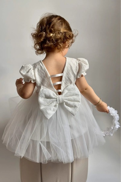 Serackids Kız Çocuk Bebek Sırt Detaylı Kısa Kol Tüllü Doğum Günü Parti Özel Gün Düğün Astarlı Bayramlık Elbise
