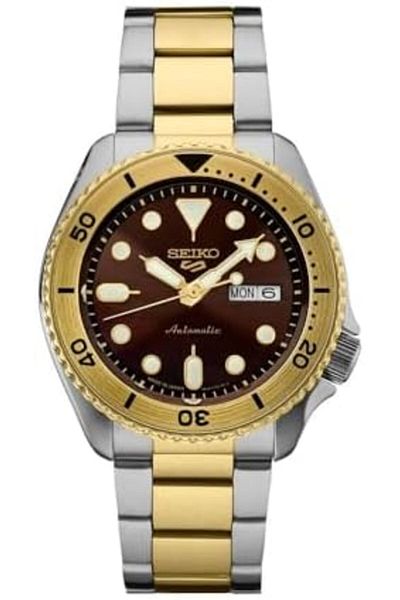 Seiko SRPK24, Men Sport, GMT, Mechanical, Automatic, Stainless, Two Tone, Brown Dial, 100m WR