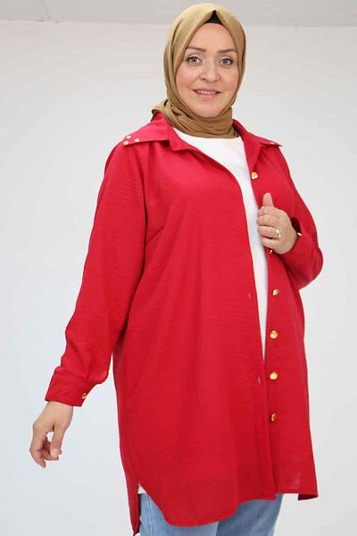 Eslina 58081 plus size buttoned collar detailed linen tunic - burgundy
