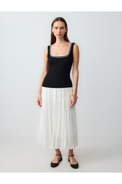 Jimmy Key Ecru Relaxed Cut High Waist Cotton Woven Midi Skirt