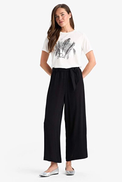 DeFacto Culotte Flexible Waisted Wide Leg Belted Crinkle Viscose Capri Pants C9565Ax25Sm