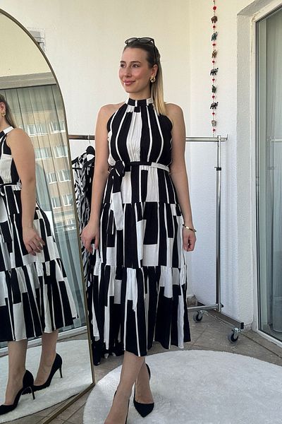 Kubos Moda Halter Neck Piano Pattern Black Long Sleeveless Dress