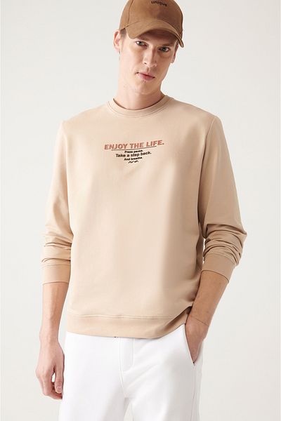 Avva Men's Beige Crew Neck Cotton Printed Sweatshirt A31Y1211