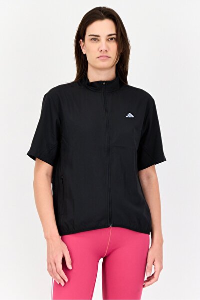 adidas جاكيت رياضي نسائي بأكمام طويلة للجري، أسود