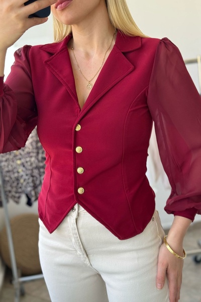 Kubos Moda Μπλούζα μπορντό με μακρύ μπαλόνι διάφανο μανίκι