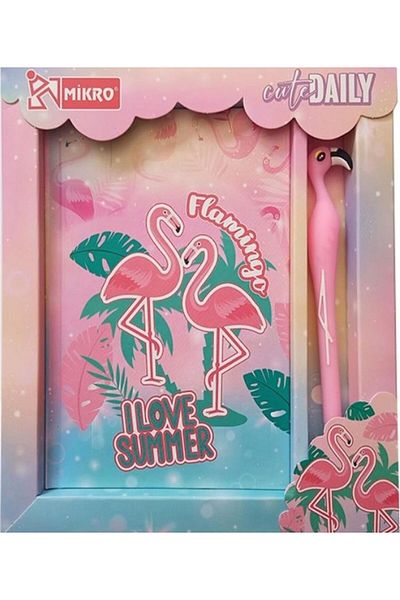Saten Caiet A5 cu 48 de coli cu capac Flamingo și cutie de creion (MODELUL DE PENIT POATE FI FALS)