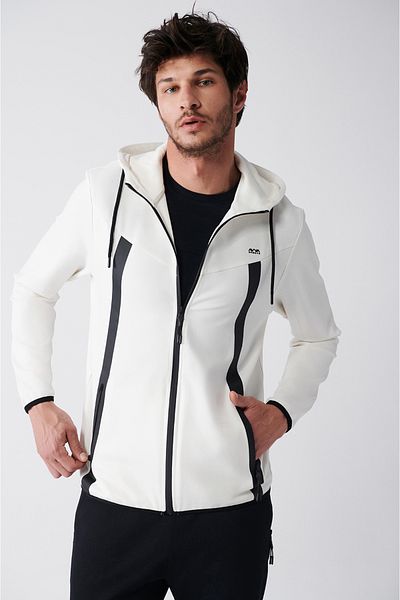 Avva Ecru-Sweatshirt mit Kapuze und Reißverschluss für Herren aus Interlock-Stoff A31y1202