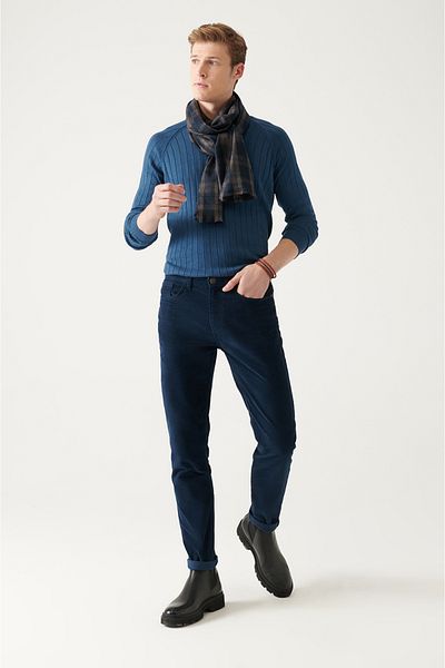 Avva Ανδρικό βελούδινο παντελόνι Navy Blue 100% βαμβακερό Dobby 5 Pocket Lycra A22y3044