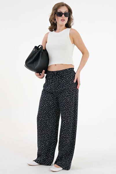 Saade Siyah desenli Beli Lastikli Bağlamalı Bol Paça Dokuma Pantolon