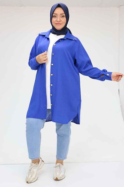 Eslina 58081 plus size buttoned collar detailed linen tunic - Cobalt