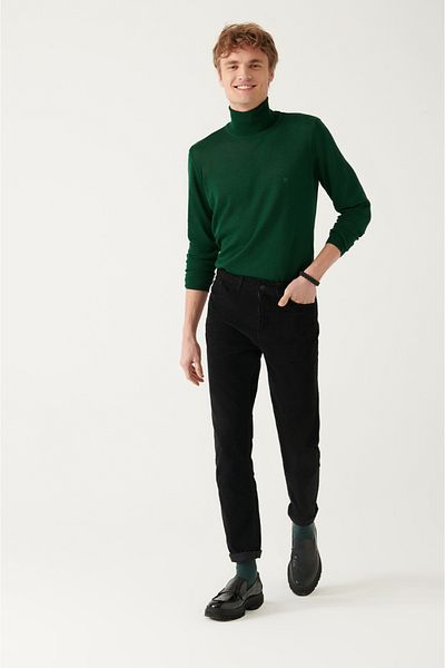 Avva Men's Black 100% Cotton Dobby 5-Pocket Lycra Velvet Trousers A22Y3044