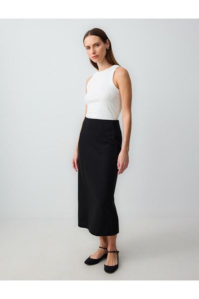 Jimmy Key Black Straight Cut Regular Waist Knitted Midi Skirt