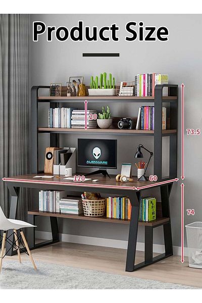 1st Home Computer Desk With Multi-layer Storage Shelves And Bookshelf- Brown Color