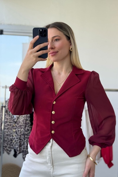 Kubos Moda Μπλούζα μπορντό με μακρύ μπαλόνι διάφανο μανίκι