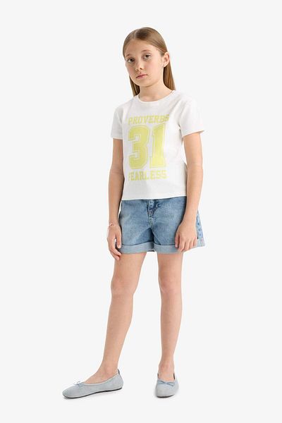DeFacto Tricou cu mânecă scurtă cu imprimeu pentru fete, slim fit, slim fit, cu decolteu, E5897A825SM