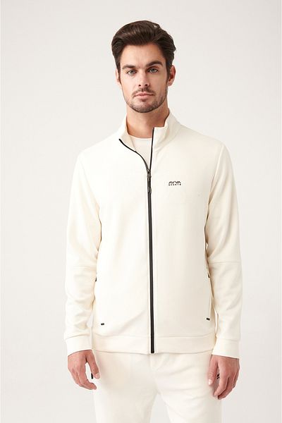 Avva Ecru Soft Touch Herren-Sweatshirt mit Stehkragen und Frontreißverschluss A31y1208