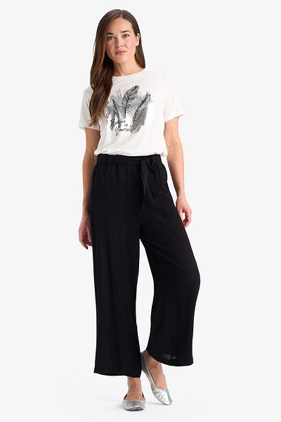 DeFacto Culotte Flexible Waisted Wide Leg Belted Crinkle Viscose Capri Pants C9565Ax25Sm