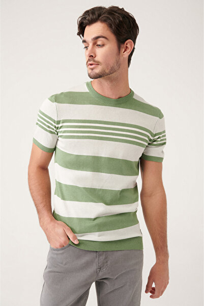 Avva Ανδρικό πλεκτό μπλουζάκι Aqua Green Crew Neck ριγέ A31y5017