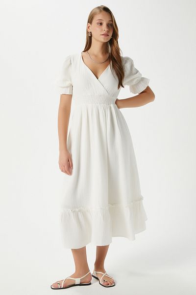 Ritnice Women's Hailey Cotton Muslin White Waist Elastic Dress