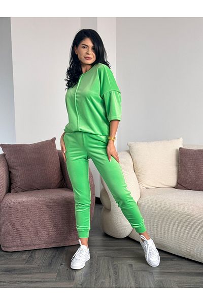 RAMONA BADESCU EXCLUSIVE Trening verde din catifea pentru femei – Bluză cu mânecă 3/4 și pantaloni conici – XS-XL