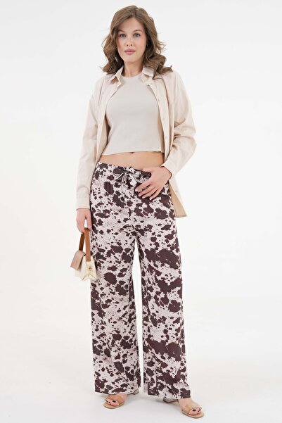 Saade Kahverengi Beli Lastikli Bağlamalı Bol Paça Dokuma Pantolon