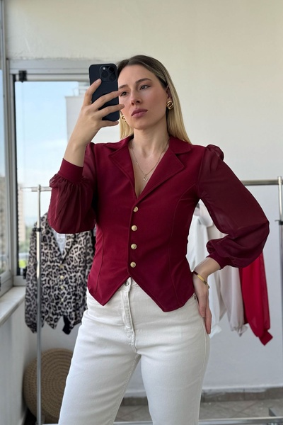 Kubos Moda Μπλούζα μπορντό με μακρύ μπαλόνι διάφανο μανίκι