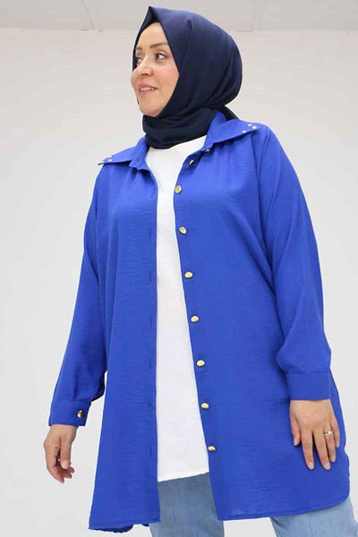 Eslina 58081 plus size buttoned collar detailed linen tunic - Cobalt