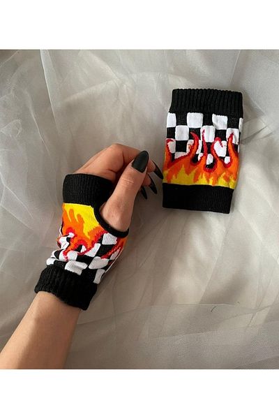 İYİ MODA Thrasher Glove |   Flame Checkerboard Patterned Gloves |   Demon Slayer Rengoku Zenitsu Short Glove Oversleeve