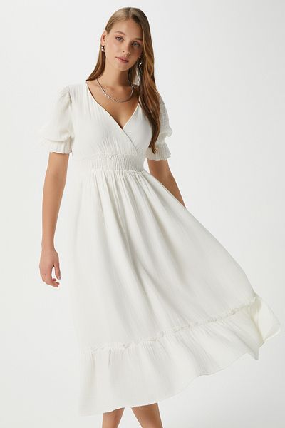 Ritnice Women's Hailey Cotton Muslin White Waist Elastic Dress