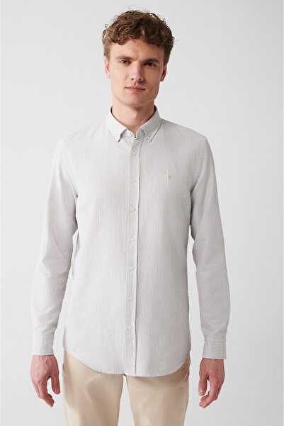 Avva Men's Beige Easy-Iron Buttoned Collar Dobby Shirt A31Y2064