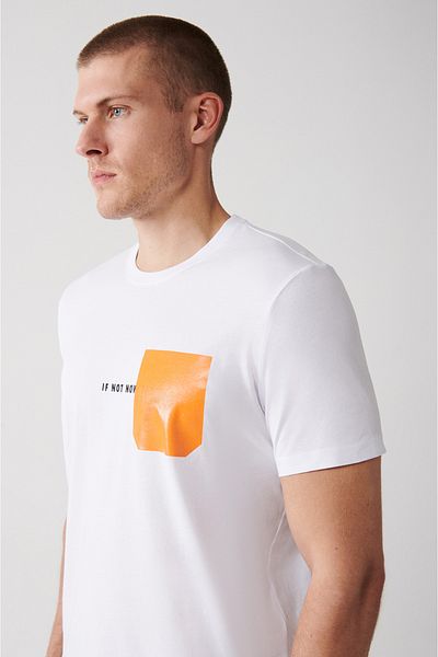 Avva Weißes Herren-T-Shirt aus 100 % Baumwolle mit Rundhalsausschnitt und Taschendruck A31y1152