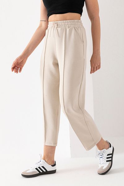 RuyaMood Women's Beige Modal Fabric Balloon Model Front Ribbed Comfortable Fit Trousers