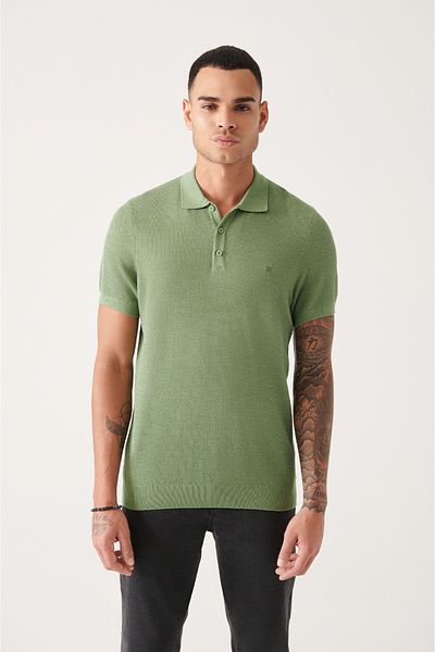 Avva Ανδρικό Water Green Soft Touch Polo, Πλεκτό μπλουζάκι με υφή Riba Obedience με 3 κουμπιά