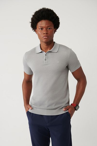 Avva Men's Gray Soft Touch 3 Button Textured Ribbed Polo Neck Knitwear T-Shirt B 005009
