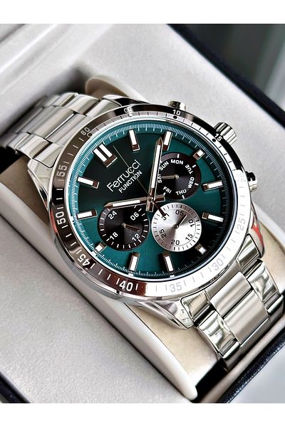 Ferrucci Silver Color Functions Active Sports Steel Cord Men's Wrist Watch + Bracelet