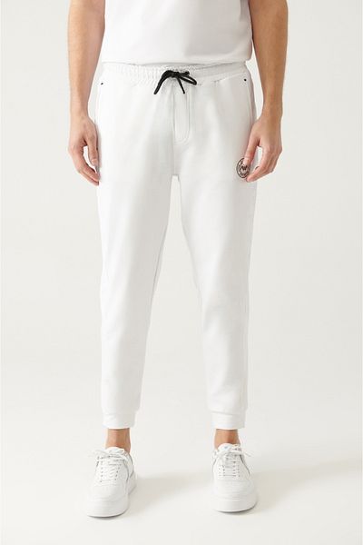 Avva Men's White Waist Lace-Up Side Pocket Cotton Elastic Leg Sweatpants A31Y3405