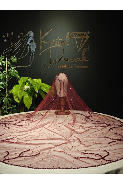 Kristal Duvak Güz Model Gelin Duvağı - Bordo Duvak