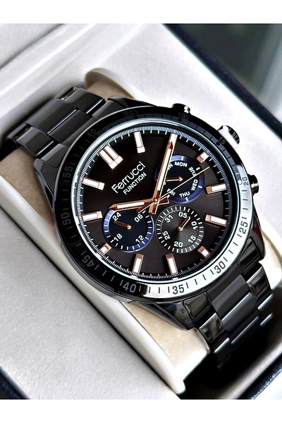 Ferrucci Black Color Functions Active Sport Steel Cord Men's Wristwatch Bracelet