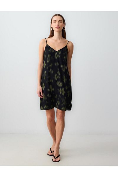 Jimmy Key Black Relaxed Cut Strap V-Neck Patterned Woven Mini Dress