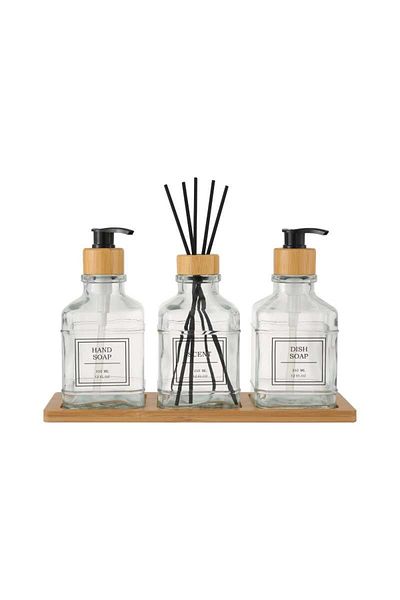 GUNES ZUCCACIYE Perotti Rogan Set of 3 Bamboo Tray Liquid Soap Dispensers