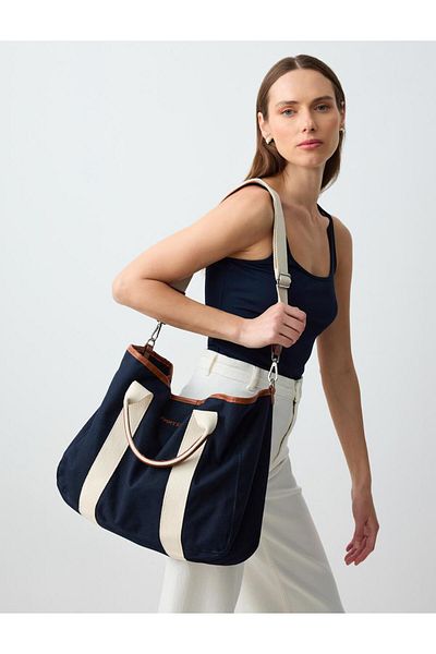 Jimmy Key Navy Blue Canvas Hand and Shoulder Bag with Removable Strap Detail